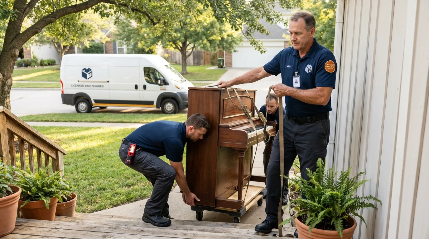 Licensed piano movers securing grand piano in Lewiston, ID