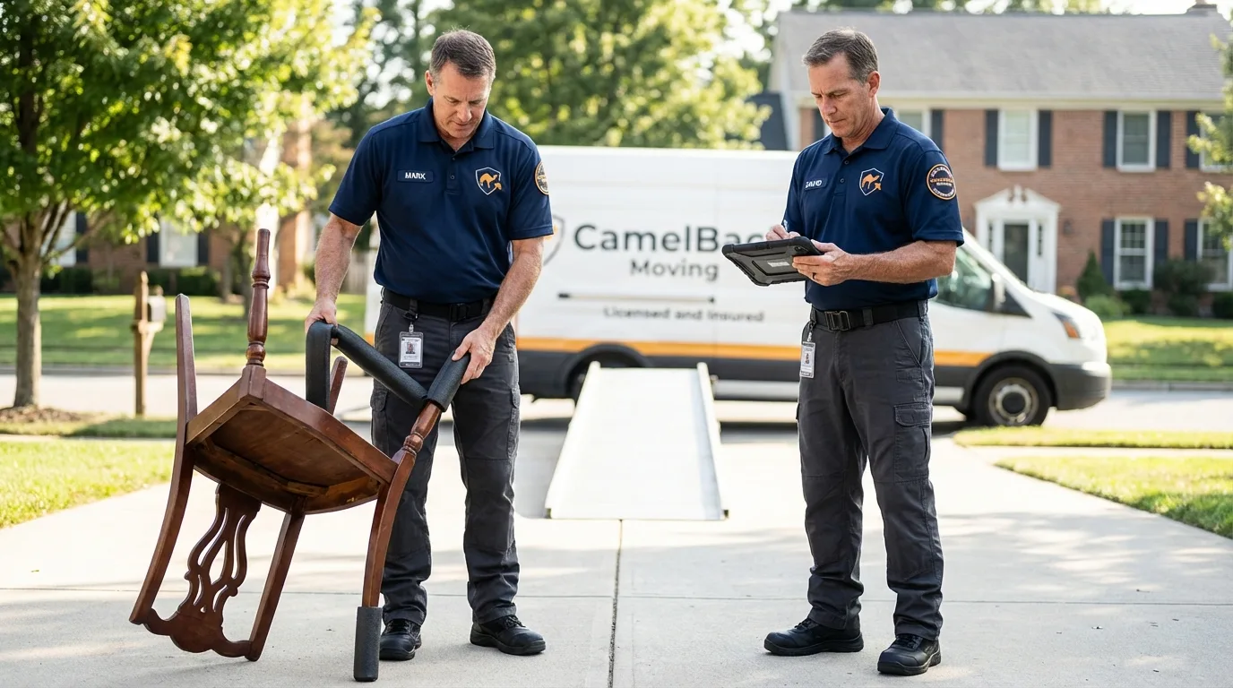 Movers inspecting furniture for damage prevention before loading in Lewiston, ID