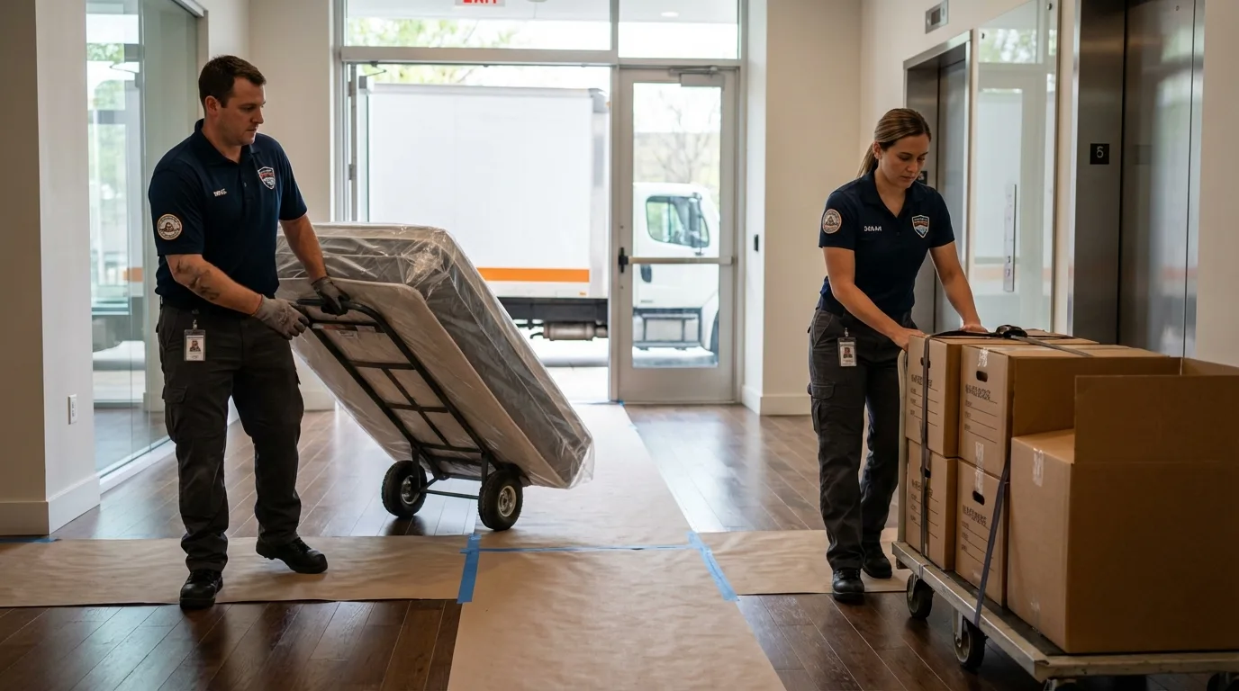 Professional apartment movers loading elevator in Lewiston, ID
